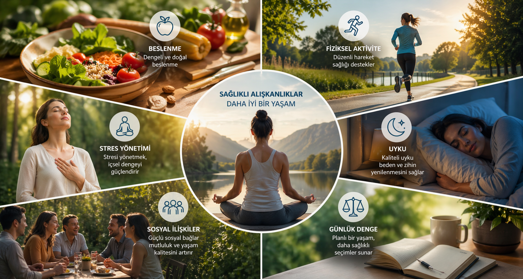 Yaşam Tarzı Tıbbının temel alanları: beslenme, fiziksel aktivite, uyku, stres yönetimi, sosyal ilişkiler ve günlük denge